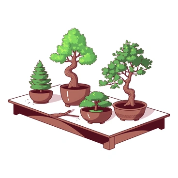 A collection of meticulously cared-for bonsai trees of various shapes and sizes is arranged on a simple wooden table. Each bonsai is housed in a unique ceramic pot, showcasing intricate patterns. One bonsai has a cascading shape with delicate green leaves, while another features a twisted trunk with a dense canopy. A larger bonsai stands proudly at one end, displaying a beautifully gnarled trunk and vibrant foliage. Soft light casts gentle shadows across the table, highlighting the textures of the bark and leaves. A small, elegant pruning tool rests beside one of the pots, emphasizing the care that goes into maintaining these miniature trees.
