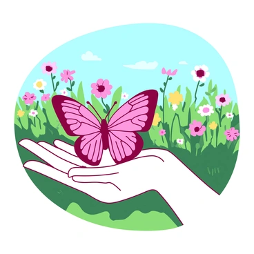 A pink delicate butterfly with intricate patterns is resting on an open white palm. The butterfly has its wings slightly spread, showcasing its vibrant colors. The background features a lush green meadow filled with an array of wildflowers in various colors. The sky above is clear and blue, enhancing the natural beauty of the scene. The fingers of the palm are gently curved, emphasizing the tenderness of the moment.