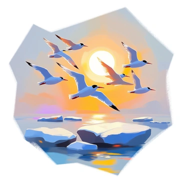 A flock of arctic terns is flying gracefully in the sky under the radiant glow of the midnight sun. The terns have striking white bodies with black caps and long, slender wings that are spread wide as they soar through the air. The sun casts a warm, golden light, illuminating their feathers against the backdrop of a clear, deep blue sky. Below them, the icy landscape of the Arctic is visible, with glistening icebergs and patches of snow reflecting the sunlight. The scene captures the vibrant energy and beauty of nature in this remote, frozen environment.