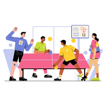 A referee in a blue uniform is standing at the side of a bright red table tennis table. The referee has one arm raised, signaling a point, with an intense expression on their face. In the background, a competitive scene unfolds with two players in vibrant sports gear, one in a green shirt and the other in a yellow shirt, focused on the game. The atmosphere is charged with energy as spectators in colorful outfits watch eagerly. A scoreboard displaying the match score is visible to the side, adding to the high-stakes feeling of the match.