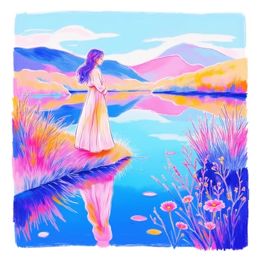 A Virgo figure, depicted as a young woman with flowing hair, stands by the edge of a calm, mirror-like lake. She is dressed in soft, flowing garments that gently sway in the light breeze. Her expression is thoughtful as she gazes into the water, which reflects her image and the surrounding landscape. Tall grass and delicate wildflowers frame the scene, adding a touch of color. In the background, gentle hills rise against a clear blue sky, enhancing the tranquil atmosphere.