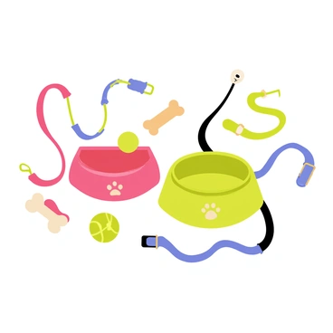 A flat lay arrangement featuring various pet accessories. On the surface, there are colorful leashes in shades of red, blue, and green, neatly coiled. Beside them, a variety of toys such as a plush bone, a rubber ball, and a squeaky mouse are scattered around. Two distinct pet bowls, one with a paw print design and the other in a solid bright color, sit prominently in the center. The overall composition is bright and inviting, showcasing the essential items for pets.