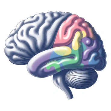 A brain illustration showing one hemisphere in dark monochrome and the other in bright colors
