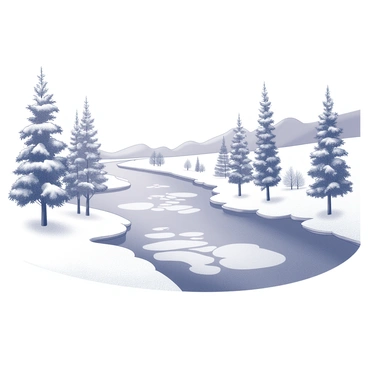 The Jordan River flows gently, with sections of its surface covered in a layer of ice. The banks of the river are blanketed in snow, creating a serene winter landscape. Trees line the river, their branches dusted with snow. In the distance, the soft outlines of hills can be seen, adding to the tranquil atmosphere. The scene captures the contrast between the icy water and the snow-covered surroundings.