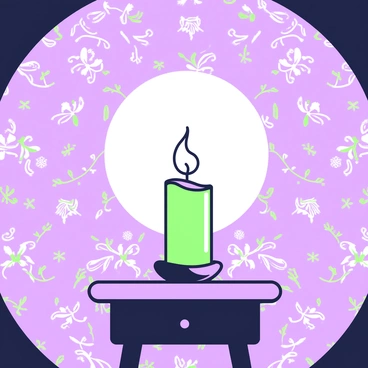 A candle is placed on a small wooden table, its flame flickering and casting dancing shadows on the surface. The shadows stretch and shift across the textured wallpaper, which features a repetitive pattern. The wallpaper has a design that is reminiscent of vintage motifs. Subtle highlights around the flame suggest warmth emanating from the candle. The scene exudes an atmosphere of intrigue, as the shadows form abstract shapes that play against the wall. The space around the candle is dim, emphasizing the contrast between the light and dark areas.
