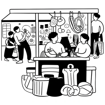 An artisan sitting at a wooden stand in a bustling market, focused on weaving with coir fibers. The artisan's hands are skillfully manipulating the strands as they create traditional crafts. Various finished coir products are displayed on the stand, including baskets and mats. Surrounding the artisan, there are people browsing and interacting, with stalls filled with colorful goods in the background. The scene is filled with the texture of woven coir and the activity of a lively market atmosphere.