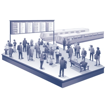 A busy train station filled with numerous travelers. The scene features wide concrete platforms with people standing and waiting for their trains. Some individuals are holding luggage, while others are engaged in conversation. A large electronic timetable displays train schedules above the platform. Benches line the edges of the platform, occupied by commuters checking their phones or reading newspapers. The atmosphere is active, with trains arriving and departing in the background.