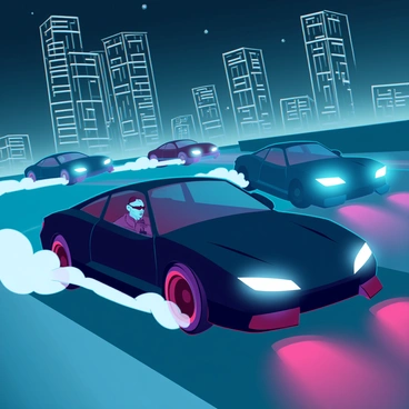 A sleek, black sports car speeds through a deserted urban landscape under a dark, starry sky. The headlights illuminate the road, creating sharp shadows and reflections on the wet pavement. The driver, a spy with a determined expression, wears a leather jacket and sunglasses, gripping the steering wheel tightly. Behind, headlights from pursuing vehicles draw closer, their silhouettes cutting through the night. Skyscrapers loom in the background, their windows glinting like stars in the darkness. Smoke billows from a tire as the car drifts around a corner, narrowly avoiding a collision with a concrete barrier. The scene captures the tension and excitement of the chase.