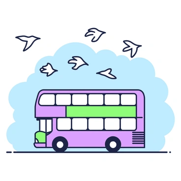 A double-decker bus is traveling down a road with its roof visible, showcasing its distinct two-level structure. The bus is surrounded by a flock of migrating birds soaring through the sky. The birds are depicted in various positions, some flying in a V-formation while others are scattered across the blue sky. The bus is detailed with windows reflecting the light, and the birds exhibit wings outstretched, capturing the essence of movement and migration.