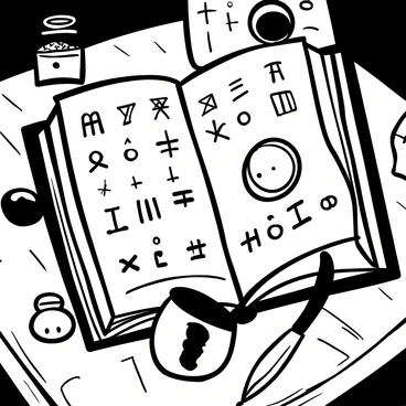 A dusty tome open on a wooden table, with pages that are yellowed and frayed. The tome is filled with intricate alchemical symbols and diagrams, some of which are hand-drawn in detail. The wooden table has a rustic texture, with visible grain patterns and scratches. A small quill pen lies nearby, alongside an ink pot. In the background, there are scattered parchment papers that complement the scene. The atmosphere is reminiscent of an old study or laboratory filled with ancient knowledge.
