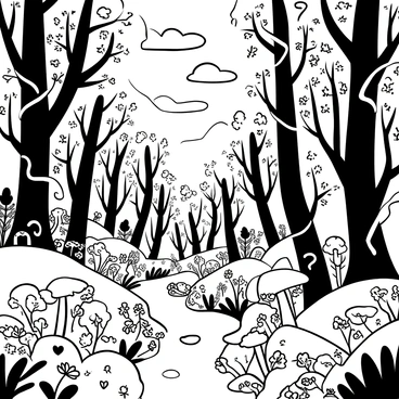 A dense fantasy forest filled with towering trees and swirling vines, with large mushrooms scattered across the forest floor. Small woodland creatures can be seen peeking from behind tree trunks, while colorful plants and flowers grow in abundance. A soft breeze causes the leaves to rustle gently. Above, the sky is dotted with fluffy clouds, and a shimmering river winds through the scene, reflecting the forest's details. The scene is depicted on a Bainbridge 172 board, emphasizing the intricate textures of the forest elements.