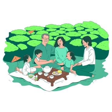 A family enjoying quality time together in a picturesque tea garden.