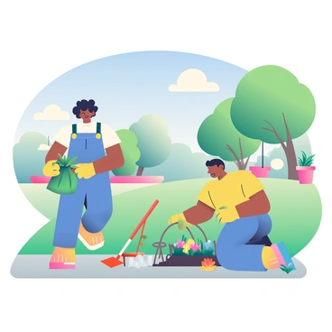 A group of volunteers is actively cleaning up a local park. One volunteer with curly black hair is picking up trash with a green trash bag in hand. Nearby, another volunteer wearing a yellow shirt is kneeling down, planting colorful flowers in a flower bed. There are various garden tools scattered around, including a trowel and gardening gloves. The park features lush green grass and several trees in the background, providing shade to the volunteers. Brightly colored flower pots are placed along the pathway. A blue sky with fluffy white clouds is overhead.