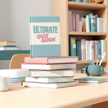 A stack of books, with the top book titled "Ultimate Quiz Guide" prominently displayed. The books are arranged neatly on a wooden study desk. The desk is well-organized, with a few stationery items visible, including a pencil holder, a notepad, and a laptop. Soft light illuminates the scene, casting gentle shadows on the desk surface. The background features a bookshelf filled with more books, creating an inviting study atmosphere.
