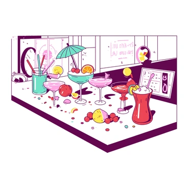 A white bar is lined with an array of cocktails in different shapes and sizes for a New Year’s celebration. Each cocktail is garnished with colorful fruit slices, including oranges, cherries, and lime. There is a teal cocktail with a colorful umbrella, a vibrant pink drink topped with foam, and a deep red cocktail with a twist of citrus peel. Glimmering confetti is scattered across the bar surface, and a selection of festive straws is placed in various drinks. In the background, there are sparkling decorations and a clock showing just before midnight.