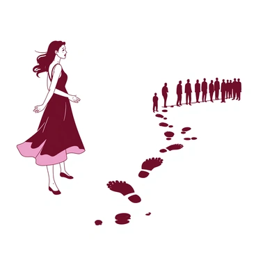 A woman stands in the foreground, looking back over her shoulder with a pensive expression. Her elegant dress is flowing gently in the breeze. The ground beneath her feet shows a series of distinct footprints leading away from her. As the footprints extend outward, they gradually fade into the distance, transitioning into the silhouettes of male figures. The silhouettes vary in height and posture, creating a sense of movement and depth as they recede into the background. The scene captures a moment of longing and departure.
