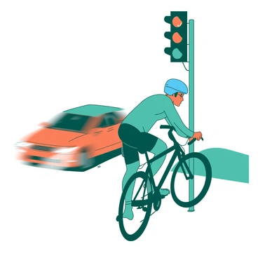 A teal cyclist is coming to a stop at a traffic light, with one foot raised slightly off the ground as they prepare to set down. The cyclist is wearing a blue helmet and a tight-fitting jersey. The traffic light above shows a red signal. In the background, an orange car is speeding by unexpectedly, with its headlights on and a slight blur indicating high speed. The scene captures the tension of the moment with emphasis on the cyclist's focused expression and the fast-approaching car.