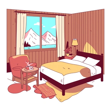 A warm-colored chambre in a mountain lodge, featuring wooden walls and a cozy bed with white linens. There is a large window that showcases a breathtaking view of snowy peaks in the distance. Sunlight streams through the window, illuminating the room and casting soft shadows on the wooden floor. A small wooden table beside the bed holds a steaming cup of tea, and a plush armchair sits nearby, inviting relaxation. There are decorative elements such as a woven rug and a few potted plants adding a touch of life to the space.
