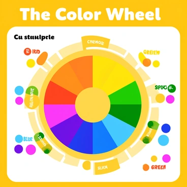 An educational poster depicting "the color wheel" prominently in the center. The wheel is divided into segments displaying "primary colors", "secondary colors", and "tertiary colors". Each color segment features vibrant shades, including "red", "blue", and "yellow", as well as "green", "orange", and "purple". Surrounding the color wheel, examples of "complementary colors" are illustrated, such as "red and green", "blue and orange", and "yellow and purple". Each pair is clearly labeled with white text for easy readability. The poster has a bright background that enhances the vivid colors of the wheel and examples.