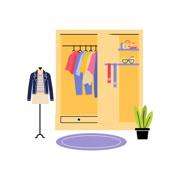 A wardrobe with a wooden finish stands prominently in the center of the image. The wardrobe doors are open, revealing an array of colorful outfits neatly organized on hangers. A mannequin is positioned beside the wardrobe, adorned with a stylish combination of a striped shirt and a denim jacket. Different accessories like a bright red scarf and a pair of sunglasses are displayed on a nearby shelf. The floor beneath the wardrobe is covered with a patterned rug, and a small potted plant is placed in the corner, adding a touch of greenery to the scene.