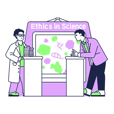An illustrated debate stage featuring two characters representing different viewpoints on genetic engineering ethics. On the left, a character wearing glasses and a lab coat is standing confidently behind a podium, holding a stack of research papers in one hand. This character appears enthusiastic and is speaking passionately about the benefits of genetic engineering. On the right, a character in a suit is leaning forward, resting their hands on the podium, and has a concerned expression, emphasizing the ethical implications of the technology. Between them, a large screen displays key points and images related to genetic engineering. The background features banners with the words "Ethics in Science" prominently displayed.