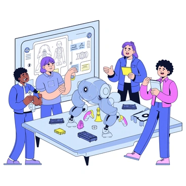 A futuristic lab with sleek, metallic walls and bright LED lights. In the center of the room, four students are gathered around a large robotic structure, which has a shiny surface and articulated limbs. Two students are holding tools, focusing intently on adjusting the robot's mechanical parts. Another student is examining a digital tablet that displays blueprints of the robot. The fourth student is discussing ideas enthusiastically, pointing at a component of the robot. Various robotic parts and electronic components are scattered across the lab table, creating a sense of active collaboration.