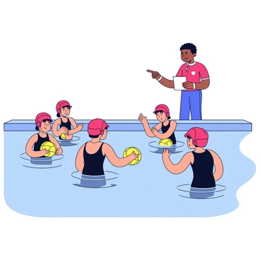 A group of young water polo players is practicing in a swimming pool. The players are wearing bright red swim caps and black swimsuits. They are actively swimming and passing a water polo ball among themselves. In the background, a coach stands on the poolside, wearing a whistle around their neck and holding a clipboard. The coach is giving instructions while pointing towards the players. The sun is shining down, creating reflections on the water's surface.