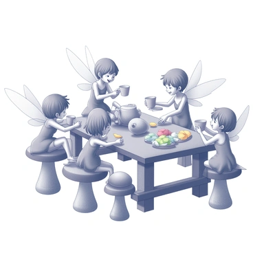 A group of fairies gathered around a wooden table. Each fairy is small and delicate, with translucent wings that shimmer slightly in the light. They are seated on toadstools and flower petals that serve as cushions. The table is adorned with acorns and an array of colorful flower petals arranged artistically. Some fairies are pouring tea from a tiny teapot, while others are holding cups made from acorn halves. The scene captures a moment of laughter and camaraderie among the fairies as they enjoy their whimsical gathering.