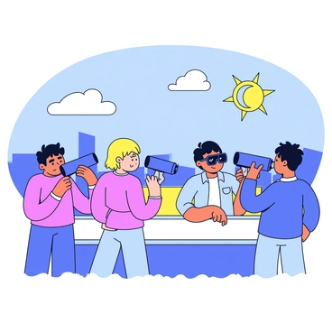 A rooftop scene featuring several people gathered together. There are four individuals, two men and two women, all focused on the sky. Each person has a telescope set up in front of them, pointed towards the sun. The sky is mostly clear with a few fluffy clouds. The sun is partially obscured by the moon, creating a crescent shape. The people are wearing casual clothes, and one woman is holding special solar eclipse glasses while looking through her telescope. In the background, there are city buildings and a blue sky.