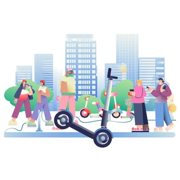 A Segway with a sleek design is parked at a bustling urban charging station. The Segway is a black and silver model, with its handlebar positioned upright. Surrounding the charging station, there are several electric scooters and bicycles in various colors, all plugged into charging docks. In the background, tall city buildings rise, showcasing a mix of modern glass facades and brick structures. People are walking by, some are checking their phones, while others are engaging in conversation. The scene is lively, filled with movement and activity, capturing the essence of an urban environment.