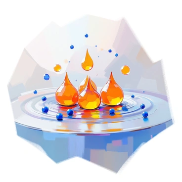 An illustration showing a cluster of oil droplets, each shiny and spherical, positioned in a body of water. The oil droplets are depicted as vibrant and colorful, reflecting light and showcasing smooth surfaces. Surrounding the droplets, water molecules are illustrated as smaller, scattered blue spheres, with curved lines indicating their movement. The area where the oil and water meet shows a clear boundary, emphasizing the separation between the two substances. The composition visually demonstrates the concept of hydrophobic interactions, highlighting the contrast between the oil and water.