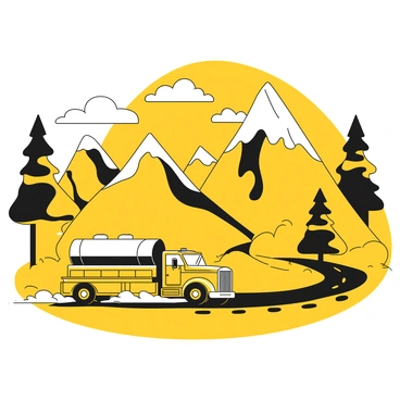 A truck with large brewing tanks in the back, driving along a winding road surrounded by tall mountains. The truck is positioned in the center of the image, showcasing its metallic body. The mountains in the background are towering and rugged with sharp peaks, while trees line the road, adding depth to the scene. The sky above is clear with a few clouds. The truck's wheels are partially covered in dust, indicating movement along the scenic route.