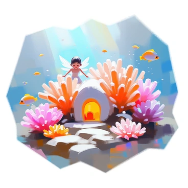 A vibrant underwater scene depicting a fantastical world where "fairies" with delicate wings are nestled within colorful "corals," each coral serving as a tiny house. The marine environment is alive with a diverse range of coral formations, showcasing hues of pink, orange, and purple. Tiny entrances can be seen on the corals, with fairies peeking out, their expressions curious and playful. Schools of small fish swim nearby, adding motion to the serene underwater landscape. Sunlight filters through the water, casting dappled light on the coral structures, enhancing the magical atmosphere of this enchanting realm.