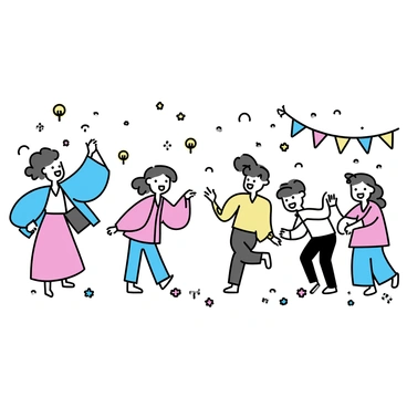 A vibrant festival scene filled with colorful characters. Multiple spirits, each wearing traditional attire, are engaging joyfully in various games and dances. One spirit, dressed in a flowing blue robe, is participating in a lively dance, twirling with an expression of delight. Nearby, another spirit in a red outfit is playing a traditional game with a group, their faces alight with laughter. Decorations featuring banners and lanterns fill the air, adding to the festive atmosphere. The ground is filled with scattered flowers, enhancing the celebration.