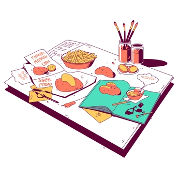 A vibrant creative workspace filled with various sketches and notes. On a large white desk, there are several colorful illustrations of "sweet potatoes" in different forms, such as fries, pies, and soups. Scattered around the desk are brainstorming notes filled with "ideas" related to the uses of sweet potatoes. A teal sketchbook lies open, displaying detailed drawings of sweet potato dishes. In the background, there are jars of orange paint and brushes that hint at ongoing creative projects.
