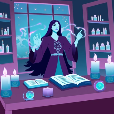 A witch with long, flowing black hair and sharp features stands at a large wooden table covered in ancient tomes and mystical symbols. She is wearing a long, dark robe adorned with silver patterns, and her hands are raised as wisps of colorful magic swirl around her fingertips. The study is illuminated by multiple flickering candles in ornate holders, casting dancing shadows on the walls filled with shelves of potion bottles and crystal orbs. A large window reveals a starry night sky, and the air is thick with the aroma of herbs and incense.