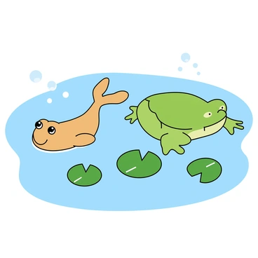 A small, round tadpole with a smooth body and a long, thin tail is happily swimming in clear blue water. It has a cheerful expression on its face, with large, expressive eyes. Next to the tadpole is a friendly adult frog with bright green skin and a wide grin. The frog is floating serenely on the water's surface, its legs slightly spread out. Surrounding them are a few green lily pads and small bubbles rising to the surface, adding a playful touch to the scene.