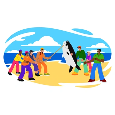 A lively tug-of-war game is taking place over a large fish. On one side, a group of fishermen wearing colorful vests and caps is pulling on one end of a thick rope. They are focused and determined, with expressions showing their competitive spirit. On the opposite side, a team of conservationists, dressed in green shirts and shorts, is tugging firmly as well. Their faces show a mix of determination and passion for protecting marine life. The large fish, glistening with vibrant scales, is suspended in the middle, caught between the two groups. The scene is set on a sandy beach, with the ocean waves gently crashing in the background. Bright blue skies and fluffy white clouds complete this dynamic and engaging scene.
