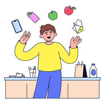 A character with short brown hair is standing in a kitchen. They are wearing a bright yellow shirt and blue jeans. The character is attempting to juggle several everyday objects, including a green apple, a red tomato, a smartphone, and a carton of milk. The objects are mid-air, some above the character's head and others falling to the ground. The character has a surprised expression on their face, with wide eyes and a raised eyebrow. In the background, there is a wooden table with a shopping bag and a few scattered utensils.