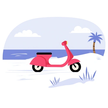 A snow scooter riding along a snowy beach with the ocean in the distance