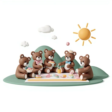 A group of five teddy bears sitting on a colorful picnic blanket spread across a green hillside. One teddy bear, wearing a blue bowtie, is holding a small basket filled with fruits. Another bear, with a pink ribbon around its neck, is pouring lemonade into a cup. The third bear is munching on a sandwich, while the fourth bear, wearing a tiny hat, is placing cookies on the blanket. The fifth bear, with a cheerful expression, is playing with a small red ball. The sun is shining brightly in the sky, and there are a few fluffy white clouds drifting by.