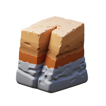 A three-dimensional sculptural representation of a "reverse fault" with clearly defined layers of rock. The upper section is displaced upwards in relation to the lower section, showcasing the geological features. The sculpture displays intricate textures, with jagged edges and smooth surfaces to represent the different rock types. The colors vary from earthy browns to grays, highlighting the contrast between the two sections. The base of the sculpture is wide and stable, providing a solid foundation to support the structure.