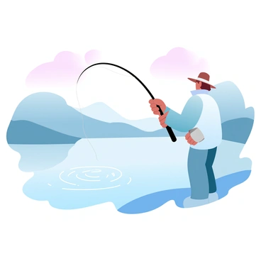 A fisherman is standing at the edge of a tranquil lake, casting a fishing line into the still water. The sky is painted in soft gradient pastel colors as dawn breaks, with hints of pink and orange blending together. The fisherman is wearing a light jacket and a wide-brimmed hat, with a fishing rod extended out towards the water. Surrounding the lake are gentle hills, partially covered by mist, adding to the serene atmosphere. Small ripples begin to form on the surface of the lake where the line enters the water.