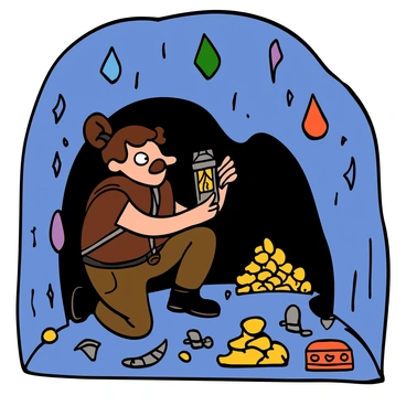 An adventurer with tan skin and tousled brown hair is crouching in a mystical cavern. The cavern walls are adorned with glowing crystals in various colors, casting vibrant light on the surroundings. The adventurer is wearing a brown leather vest and rugged cargo pants, equipped with a backpack and a lantern. Scattered around the ground are piles of hidden treasures, including gold coins and ancient relics, indicating the promise of adventure. The atmosphere is filled with an air of mystery, as the adventurer gazes at the shimmering crystals with a look of wonder and curiosity.