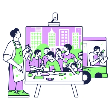 An artist is standing in front of a large canvas, focused on creating a vibrant cultural scene. The canvas features a blend of traditional and modern elements, showcasing a bustling city square. In the foreground, a group of people of diverse backgrounds is engaged in various activities, such as talking, laughing, and sharing food. To the left, there is a traditional market stall adorned with colorful textiles and handicrafts. On the right, a street musician plays a guitar next to a modern food truck, which has a large menu displayed on its side. In the background, contemporary skyscrapers rise behind historical buildings, merging old and new architectural styles. The artist is wearing a paint-splattered apron and is holding a paintbrush in one hand while gazing thoughtfully at the scene.