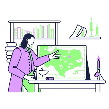 A man resembling Sam Houston is intensely studying an old map of Texas that is spread across a wooden table. He has long hair and is wearing a period-appropriate coat and trousers. His right hand is resting on the map, while his left hand is holding a quill poised for writing. The map is detailed, featuring various regions and landmarks, with some areas marked with ink. In the background, there are shelves filled with scrolls and books, and a candle flickers softly, casting light across the map.