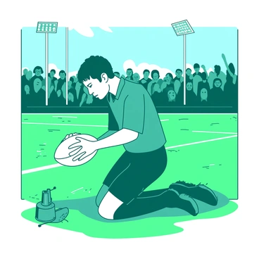A teal referee is kneeling on the green grass of the football field, holding a white football with both hands. The referee is examining the football closely, checking for proper inflation, while a small air pump rests beside him on the ground. The bright stadium lights illuminate the field, casting sharp shadows around him. In the background, a cheering crowd can be seen, creating an energetic atmosphere as the game is about to begin.