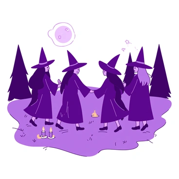 A purple group of witches dressed in flowing robes is dancing in a circle on a grassy clearing. Each witch is holding hands with the others, their faces illuminated by the soft light of the full moon above. The moon casts a bright glow, creating shadows on the ground. Surrounding the witches, there are various glowing candles placed on the grass, adding a warm, orange light to the scene. In the background, there are silhouettes of trees framing the clearing.