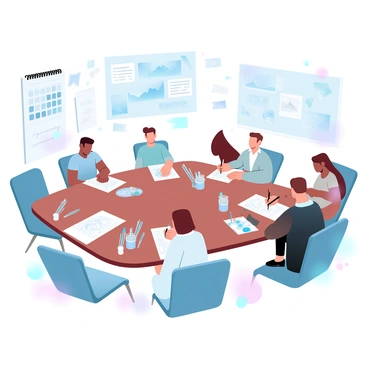 A group of illustrators are seated at a large wooden table, each focused on their individual projects. Papers filled with sketches are scattered across the table, showcasing various character designs and landscapes. Some illustrators are using colored pencils, while others have watercolor palettes open beside them. The room is filled with art supplies, including brushes, ink pens, and markers, all neatly organized in containers. Large inspiration boards with pinned images and notes are placed on the walls surrounding them. A calendar on the wall indicates the countdown to the 2024 book competition, adding a sense of urgency and excitement to the atmosphere.