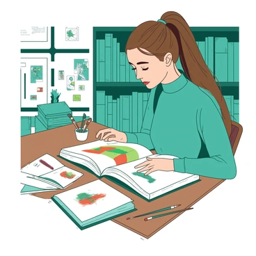 A teal art student is sitting at a wooden table in a library, surrounded by various art books and sketches. The student has long brown hair tied back in a ponytail and is intently examining a large open book filled with colorful illustrations. Scattered across the table are smaller sketchbooks, some opened to pages with detailed pencil drawings. Next to the books, there are several colored pencils lying haphazardly, and a small white cup filled with brushes. The library shelves in the background are lined with more books, creating a sense of depth and focus on the busy study space.